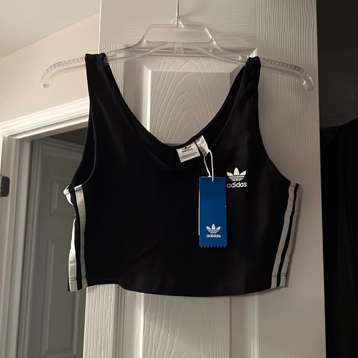 Nwt Brand New Adidas Crop Top Black 3 Stripes. Athletic Athleisure Tank Top Black Cotton Sports Bra For Summer, Casual Gym Top With Three Stripes, Casual Striped Activewear For Summer, Casual Spring Activewear With Three Stripes, Adidas Three Stripes Tops For Gym, Casual Adidas Logo Top For Workout, Sporty Fitted Adidas Logo Tops, Casual Adidas Workout Top, Casual Workout Top With Adidas Logo