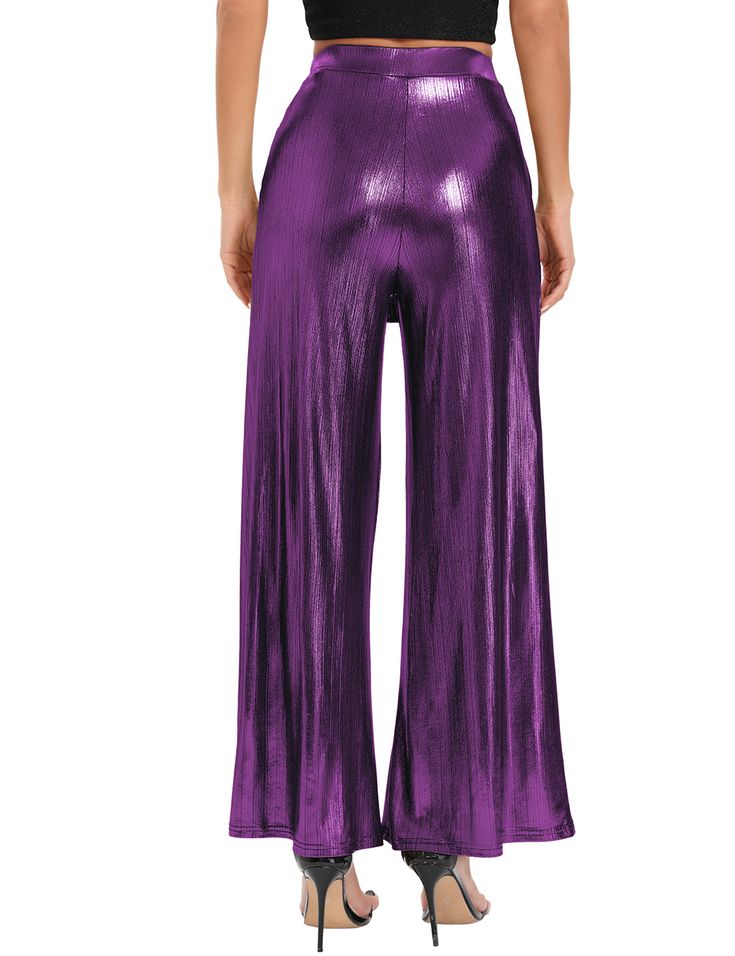 Purple Gilded Elastic Tie Waist Wide Leg Pants Non-stretch Purple Trousers, Full Length Purple Pants, Purple Bottoms For Spring Party, Purple Party Bottoms For Spring, Purple Wide Leg Bottoms For Fall, Wide Leg Purple Bottoms For Fall, Purple Stretch Wide Leg Bottoms, Non-stretch Hip-length Bottoms For Night Out, Purple Stretch Trousers