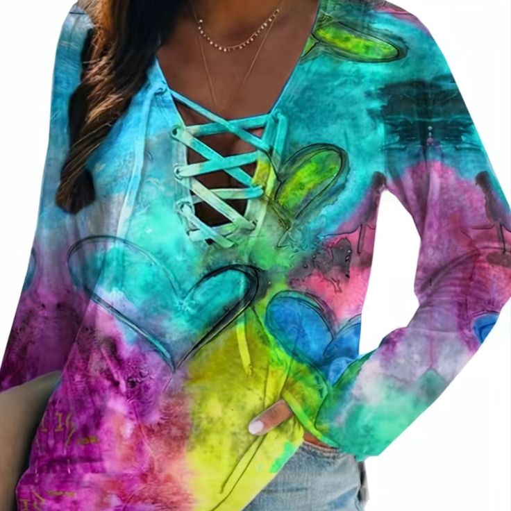 New With Tags! Super Cute Lace-Up Long Sleeve V-Neck Rainbow Heart Tie Dye Blouse Tshirt Top. Size Women’s M L Xl & Xxl. See Size Guide Pic! I Accept Reasonable Offers & Offer Bundle Discounts On 2+ Items! To Bundle: Hit Bag Icon Below Each Item And You Will Automatically Receive The 20% Discount! #01187 Casual Tie-dye V-neck Tops, Casual Tie Dye V-neck Tops, Different Hearts, Heart Tie Dye, Tie Dye Blouse, Pink Floral Blouse, Bohemian Tops, Rainbow Tie, Bag Icon