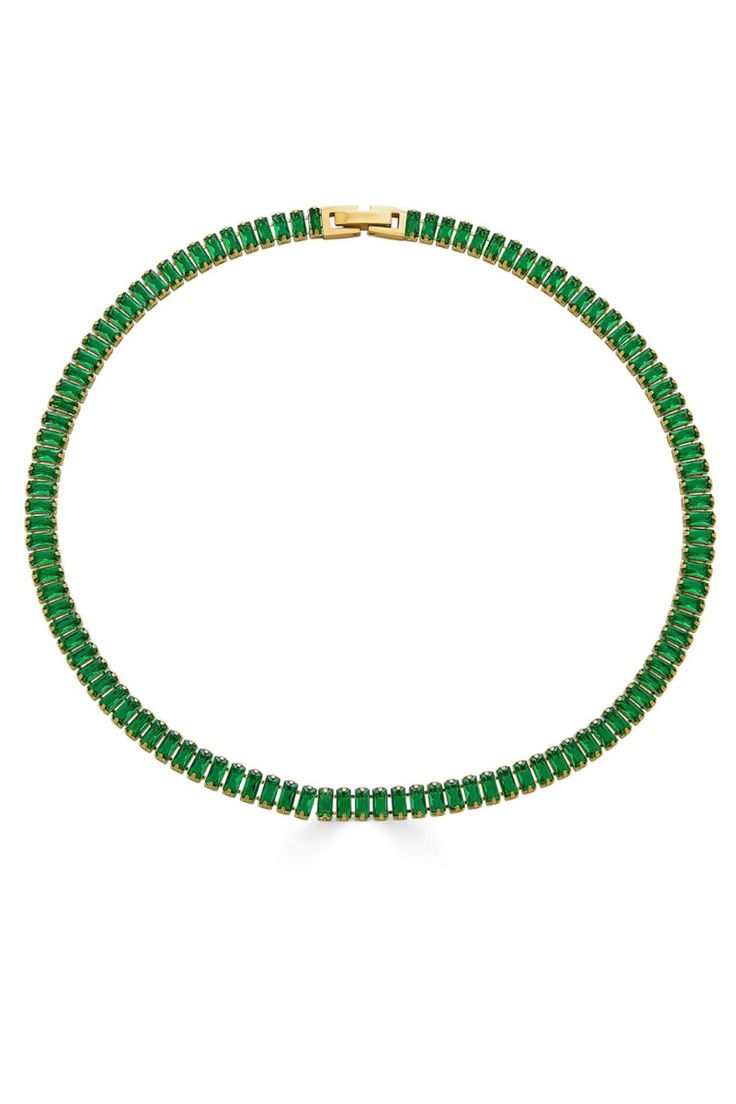 Elevate your neck game with this exquisite Tennis necklace, a stunning piece that exudes elegance and glamour. Meticulously crafted with high-quality stainless steel, this beauty ensures long-lasting durability and fade-free shine. Adorned with clear or green cubic zirconia stones, it glistens with an alluring sparkle that is sure to turn heads. The heavy layer of 18K gold adds a touch of luxury and leaves a thick layer to prevent any wearing off. With its perfect fit size of 41cm, this necklace Elegant Green Tennis Necklace With 17 Jewels, Elegant Green Tennis Necklace, Green Rhinestone Necklaces For Formal Occasions, Elegant Green Rhinestone Necklace With Sparkling Stones, Green Cubic Zirconia Clavicle Chain Jewelry, Green Cubic Zirconia Jewelry With Rhinestones, Formal Green Rhinestone Necklaces, Luxury Green Cubic Zirconia Necklace, Luxury Green Crystal Necklaces