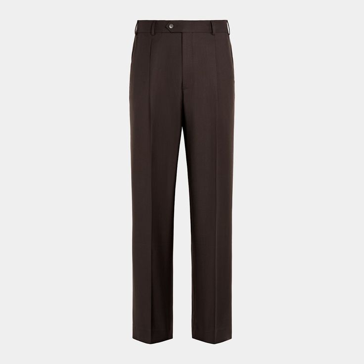 These dark brown trousers feature a wide leg straight fit, offering a roomier feel through the hip and thigh with a classic wide leg opening. Finished with belt loops, single pleat, and slanted side pockets. Brown Straight Leg Dress Pants For Business Casual, Business Brown Pants With Belt Loops, Classic Brown Bottoms With Straight Hem, Tailored Brown Pants For Business, Tailored Brown Bottoms For Business, Classic Brown Pants With Straight Hem, Brown Full Length Business Pants, Brown Dress Pants With Belt Loops For Business, Brown Dress Pants With Pressed Crease For Work