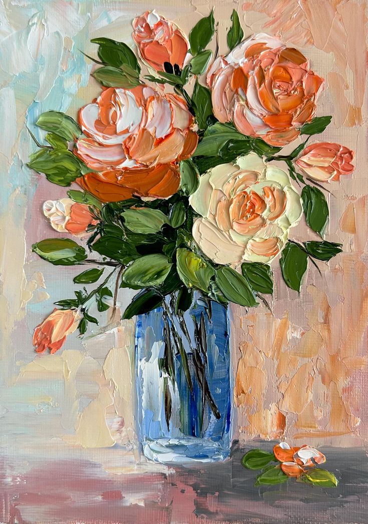 an oil painting of roses in a blue vase on a brown tablecloth with white and orange flowers