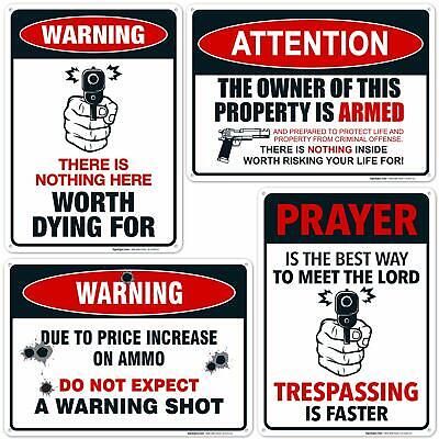 four warning signs are shown in red and black