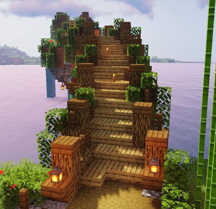 Minecraft Houses With Spruce, Minecraft Stairs Up Hill, Minecraft Winding Staircase, Wood Minecraft Projects, Outdoor Staircase Minecraft, Simple Birch House Minecraft, Minecraft Staircase Ideas Outside, Front Yard Minecraft Ideas, Minecraft House Big Cottage