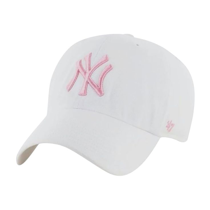 the new york yankees women's white baseball cap with pink embroidered ny on it