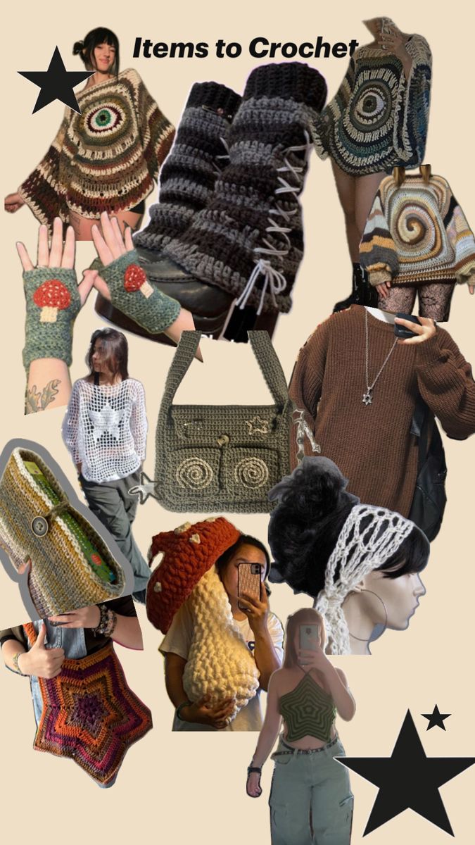 a collage of crocheted items including shoes, hats and purses is shown