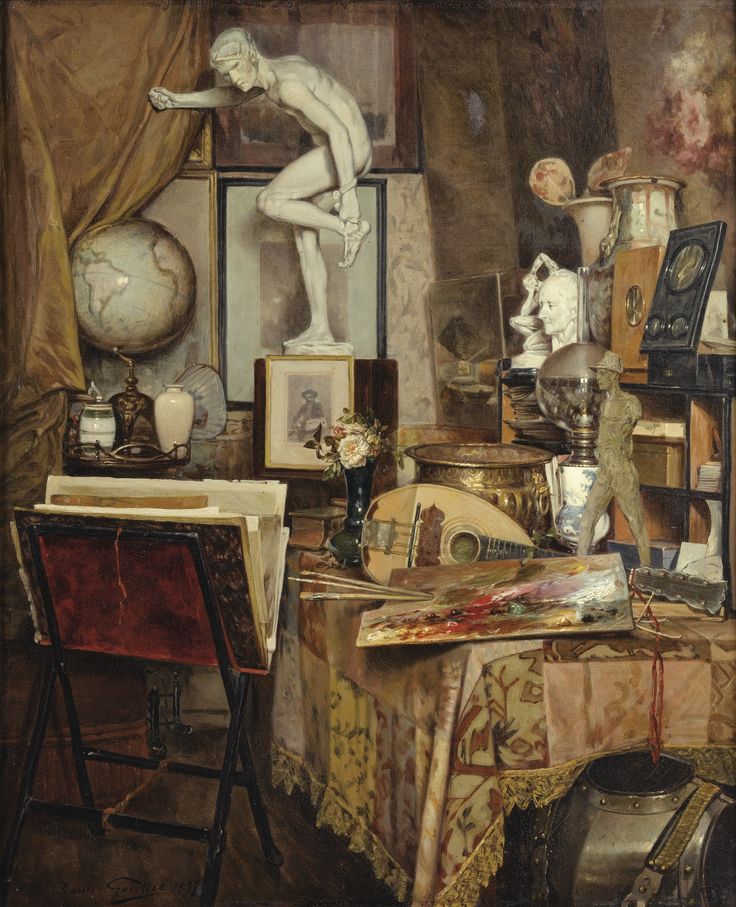 a painting of a woman standing in front of a mirror and other items on a table