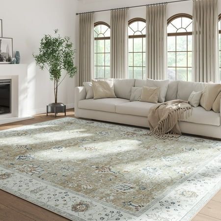 a living room filled with furniture and a large rug on top of a hard wood floor