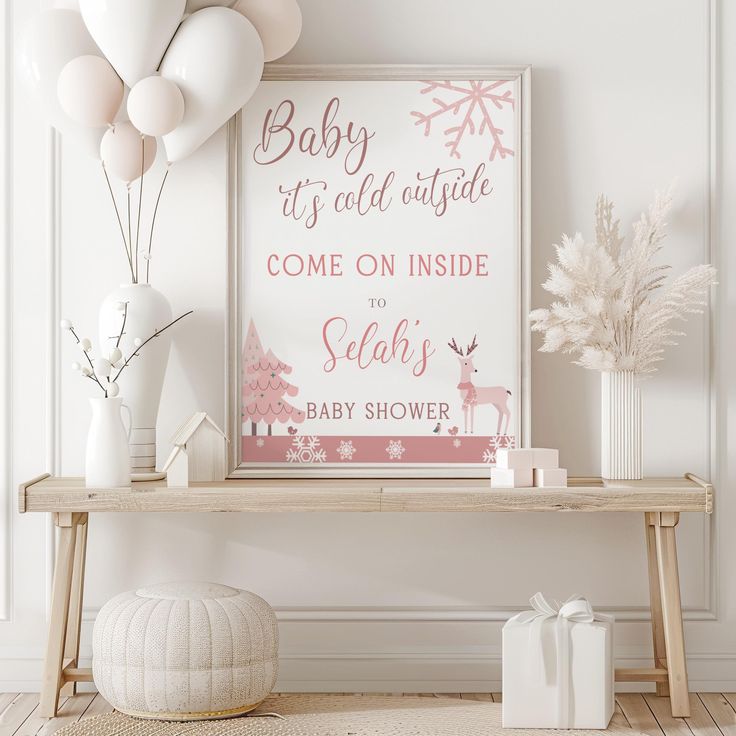 Oh Baby It's Cold Outside in PINK for a fun and festive baby GIRL shower this winter. Come see all the adorable PINK CHRISTMAS themed trees, deer, snowflakes and winter birds in this BABY SHOWER WELCOME SIGN. This sign is classic, yet modern and a great way to greet your guests to honor the mama to be. It is fully customizable and editable with text, graphics, color and style of fonts. This sign comes in a 24x36 AND 18x24 size. If you would like a different size, please message me!  MATCHING BUN Pink And White Christmas Baby Shower, Baby It’s Cold Outside Baby Shower Pink, Baby Its Cold Outside Baby Girl Shower Ideas, Baby Its Cold Outside Baby Shower Ideas Pink, January Baby Shower Themes Girl, Baby It’s Cold Outside Baby Shower Theme Girl Decor, Pink Christmas Baby Shower Ideas, Baby It’s Cold Outside Shower Theme, January Baby Shower Themes