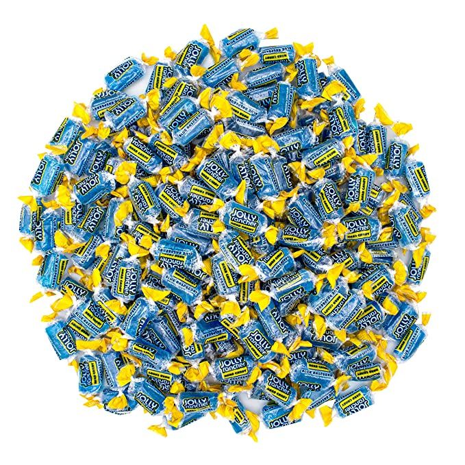 a pile of blue and yellow candy bars