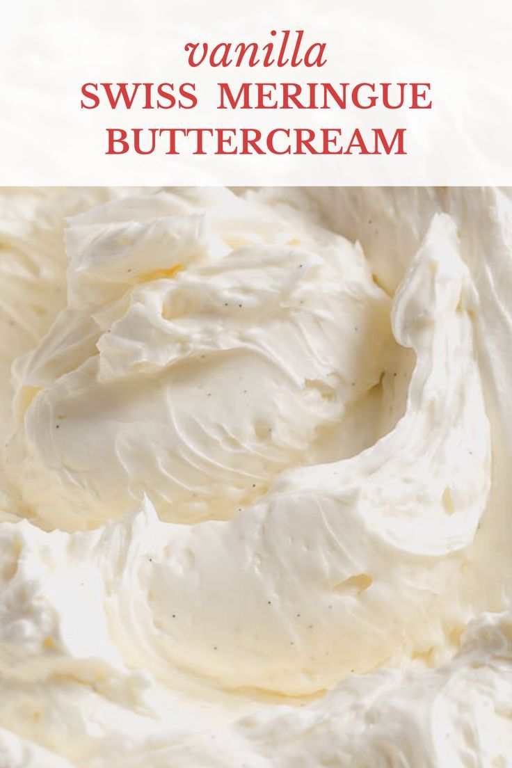 whipped cream in a bowl with the words vanilla swiss meringue buttercream