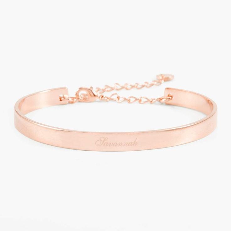 Simple yet sophisticated  the elegance of the Gwen Cuff Bracelet makes it an instant classic. Personalize it with your name or the name of a loved one in your choice of engraving styles. The brushed 14k gold finish of this cuff creates a uniquely textured look  and you can choose between yellow gold  rose gold  or rhodium plating to create your ideal bracelet.  Available in 14k gold plated  rhodium plated or 14k rose gold plated brass Width: 1/4" Length: 5 1/2" Brushed finish Made in the US Elegant Rose Gold Name Bracelet For Formal Occasions, Elegant Stainless Steel Bracelet With Custom Name, Elegant Stainless Steel Name Bracelet, Elegant Metal Bracelet With Custom Name, Minimalist Rose Gold Bracelet With Custom Name, Luxury Rose Gold Name Bracelet For Formal Occasions, Luxury Rose Gold Name Bracelet For Formal Events, Elegant Custom Name Metal Bracelet, Dainty Rose Gold Bracelet For Personalized Gift