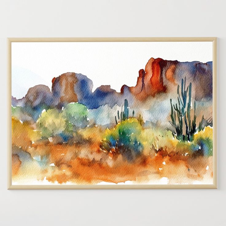 a watercolor painting of mountains in the desert with cactus trees and rocks behind it