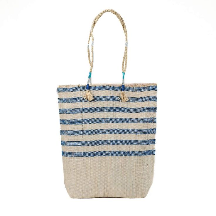 Blue Stripe Market Bag Artisan Blue Handwoven Bags, Blue Jute Tote Bag, Blue Bucket Bags For Market, Blue Bucket Bag For Market, Blue Woven Jute Bag, Blue Bucket Shoulder Bag For Market, Blue Woven Jute Beach Bag, Blue Jute Travel Bag, Traditional Blue Tote Bag