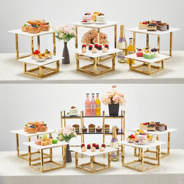 two pictures of different tables with food on them and flowers in vases next to each other