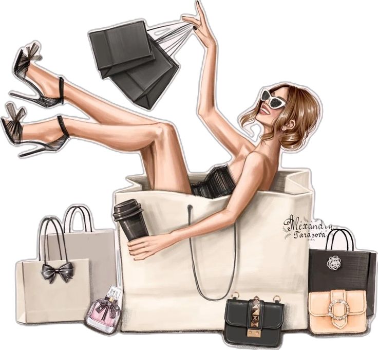 a drawing of a woman laying on top of a bag with shopping bags around her