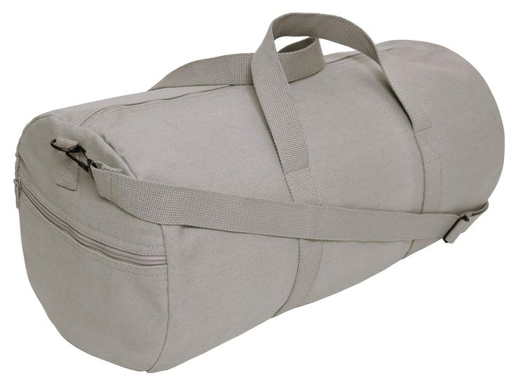 a gray duffel bag with straps on the side