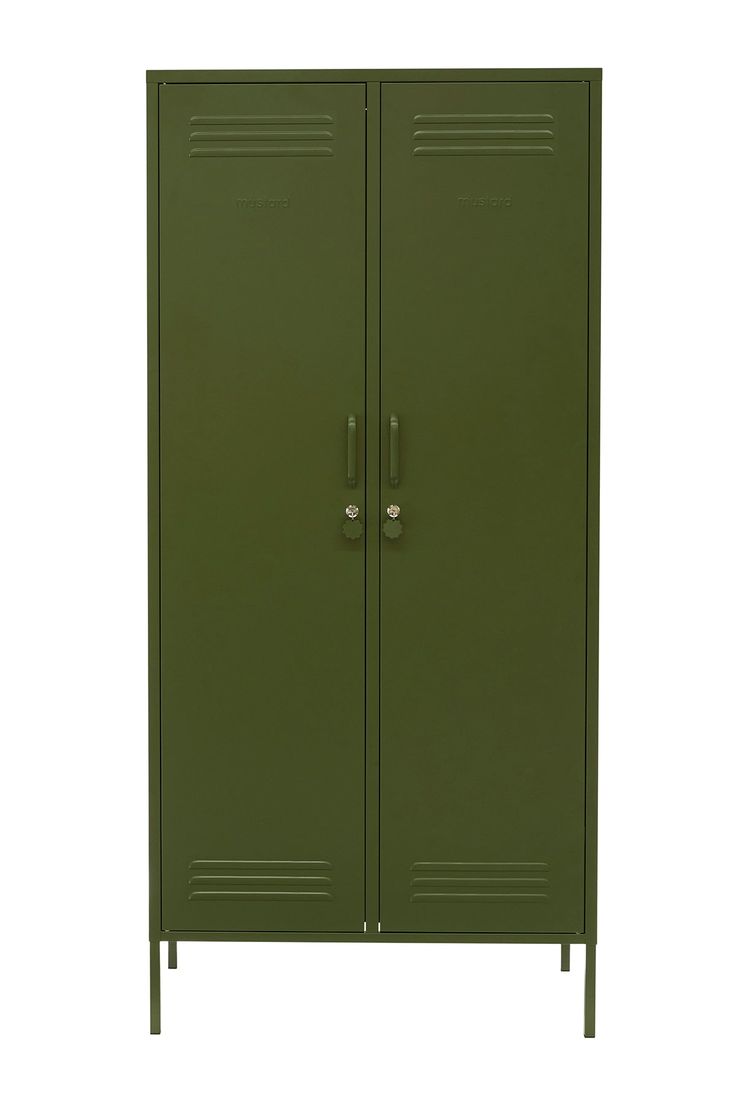 a green metal locker with two doors