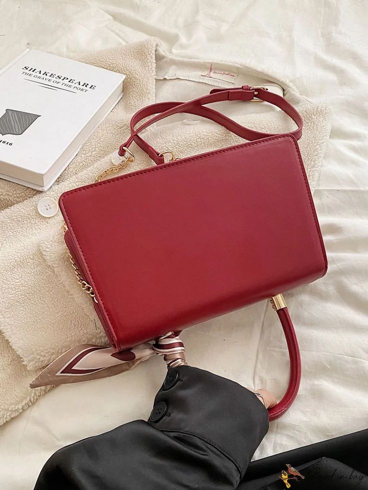 BirdinBag - Stylish Red PU Leather Chain Crossbody Bag with Scarf Detail for Women Handheld Box Bag With Chain Strap For Shopping, Handheld Shopping Box Bag With Chain Strap, Handheld Shoulder Bag With Chain Strap For Shopping, Burgundy Shoulder Bag For Office, Burgundy Rectangular Office Bag, Rectangular Burgundy Office Bag, Red Satchel With Mobile Phone Bag For Office, Square Bags With Chain Strap For Shopping, Top Handle Bags With Chain Strap For Shopping