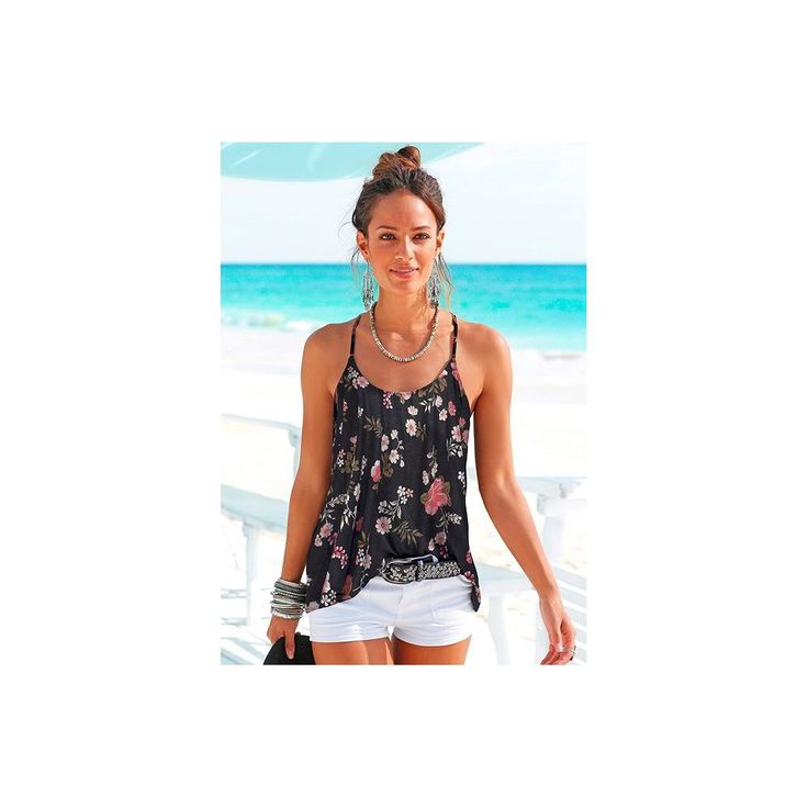 This racerback top with fun strappy detail is sure to turn heads. * Loose, flowy fit * Straps are not adjustable * Runs large * Print may vary * Length approx. 25.19 inches * 100% viscose. Imported. * Machine wash cold with like colors, inside out * Hang to dry or lay flat Summer Beachwear Camisole Tank Top, Trendy Halter Tank Top For Summer, Casual Summer Vacation Camisole, Summer Beachwear Cami Tank Top, Trendy Spaghetti Strap Tank Top For Beach, Trendy Spaghetti Strap Tank Top For The Beach, Trendy Tank Strap Tops For Vacation, Casual Spaghetti Strap Tank Top For Summer, Trendy Summer Beach Camisole