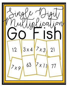 a sign that says,'single digit multiplation go fish '