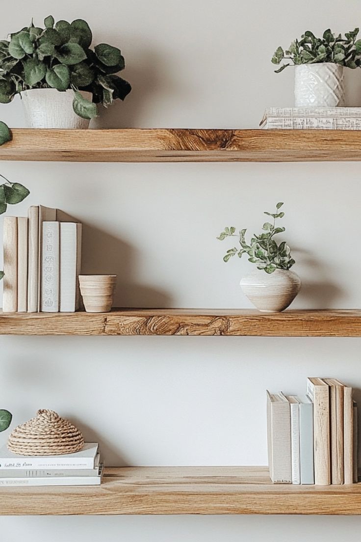 Add style and storage with DIY floating shelves, perfect for a minimalist look that’s both functional and sleek. #FloatingShelves #MinimalistDIY Minimal Floating Shelf Decor, Fix Floating Shelves, Floating Shelf Spa, Blank Wall Shelving Ideas, Floating Shelf No Nails, Floating Shelves Brackets Diy, Birch Floating Shelves, Wall Length Floating Shelves, Floating Shelves Bathtub