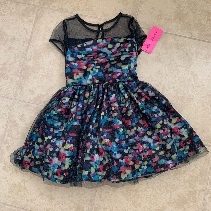 Beautiful Betsey Johnson Dress - Nwt Beautiful, Black, Chic With Bright Colorful Shapes / Hearts, Tulle. Very Signature Betsey Johnson. Black Ribbon And Zipper In Back With Eye & Hook Closure. Betsey Johnson Dress, Dresses Beautiful, Eye Hook, Betsey Johnson Dresses, Betsy Johnson, Black Ribbon, Embellished Dress, 15 Dresses, Dress With Bow