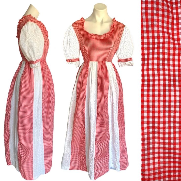 Rare Gorgeous True Authentic Vintage Empire Waist Peasant Dress. Size Not Readable Anymore, Best For M, Please Check Measurements & Ask If More Questions. Red & White Voluminous Gingham Dress Wide Panels With Floral Eyelet Embroidery Eyelet Embroidered Short Puff Sleeves With Scalloped Edge Wide & Deep Ruffled Front & Back Neckline This Is Not A Flimsy Dress, It Has A Lot Of Fabric To It Back Zipper Thick Cotton (?) Liner From The Waist Down To Hem 19” Pit-Pit, 15” Waist, 55” Length In Great Preloved Condition :: Ditzy Farmers Market Oktoberfest Alpine Dirndl Bloomcore Fairycore Whimsical Traditional Amish Vtg Ooak Retro Boho Cottagecore Coastal Grandma Core Granny Core Old Count Flimsy Dress, Cottagecore Coastal, Bavarian Dress, Vintage Gingham, Eyelet Embroidery, Grandma Core, Boho Cottagecore, Coastal Grandma, Peasant Dress