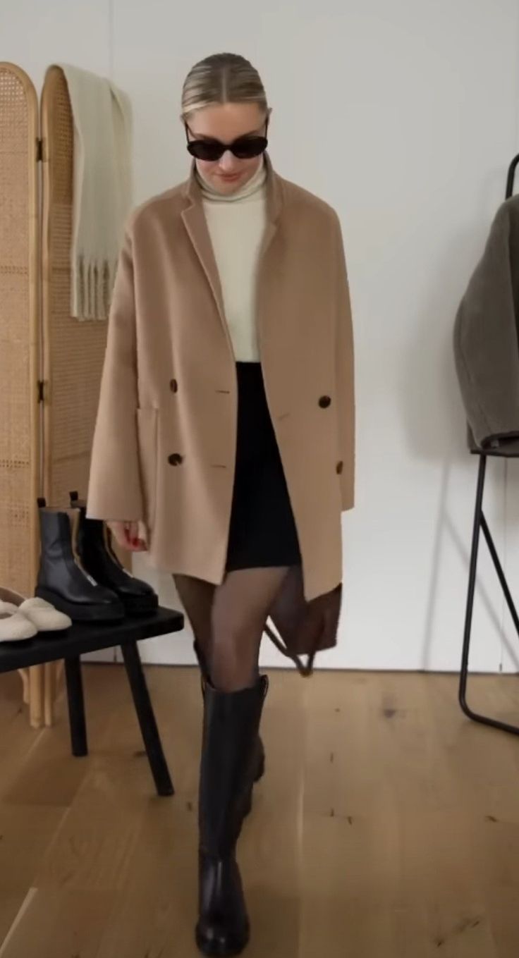 Dresses With Riding Boots Fall, Fall Outfits Riding Boots, Riding Boots And Skirt Outfit, Black Riding Boots Skirt Outfit, Riding Boots With Skirt, Black Tights Boots, Black Skirt Black Tights Outfit Winter, Beige And Black Winter Outfit, Skirt And Riding Boots Outfit