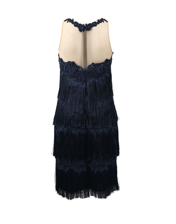 MARCHESA NOTTE CLOTHINGDRESSCOCKTAIL NAVY / 4 Fringe Cocktail Dress Elegant Sleeveless Flapper Dress For Formal Events, Sleeveless Evening Dress With Illusion Neckline For Night Out, Summer Formal Sleeveless Flapper Dress, Sleeveless Dress With Illusion Neckline For Night Out, Blue Sleeveless Flapper Dress For Party, Sleeveless Blue Flapper Dress For Party, Navy Sleeveless Cocktail Dress, Elegant Navy Sleeveless Mini Dress, Layered Fringe