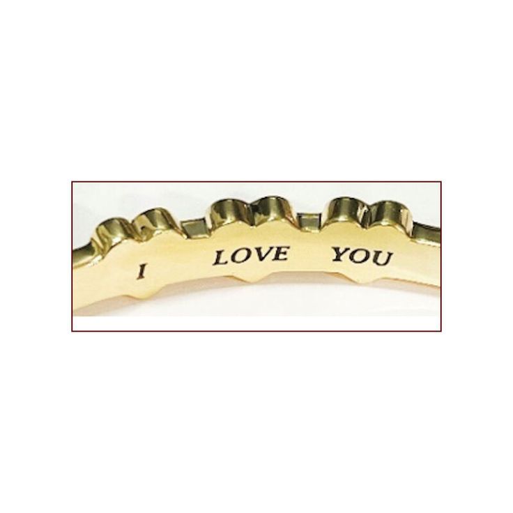 Surprise her with a gift she'll cherish always! This stunning 14kt gold-plated bangle features three diamond-studded hearts and two engraved messages that she'll cherish.Engraved behind the hearts is "I Love You", and engraved inside the band is the sentiment "All my tomorrows belong to you".The perfect gift to express your love for an anniversary, a birthday or "just because"! Yellow Gold Name Bracelet For Anniversary On Valentine's Day, Yellow Gold Bracelets For Anniversary On Valentine's Day, Yellow Gold Name Bracelet For Anniversary And Mother's Day, Anniversary Yellow Gold Name Bracelet, Luxury Engraved Metal Bangle, Yellow Gold Name Bracelet For Valentine's Day Anniversary, 14k Yellow Gold Name Bracelet For Anniversary, Anniversary 14k Yellow Gold Name Bracelet, Meaningful Bracelets For Anniversary On Valentine's Day