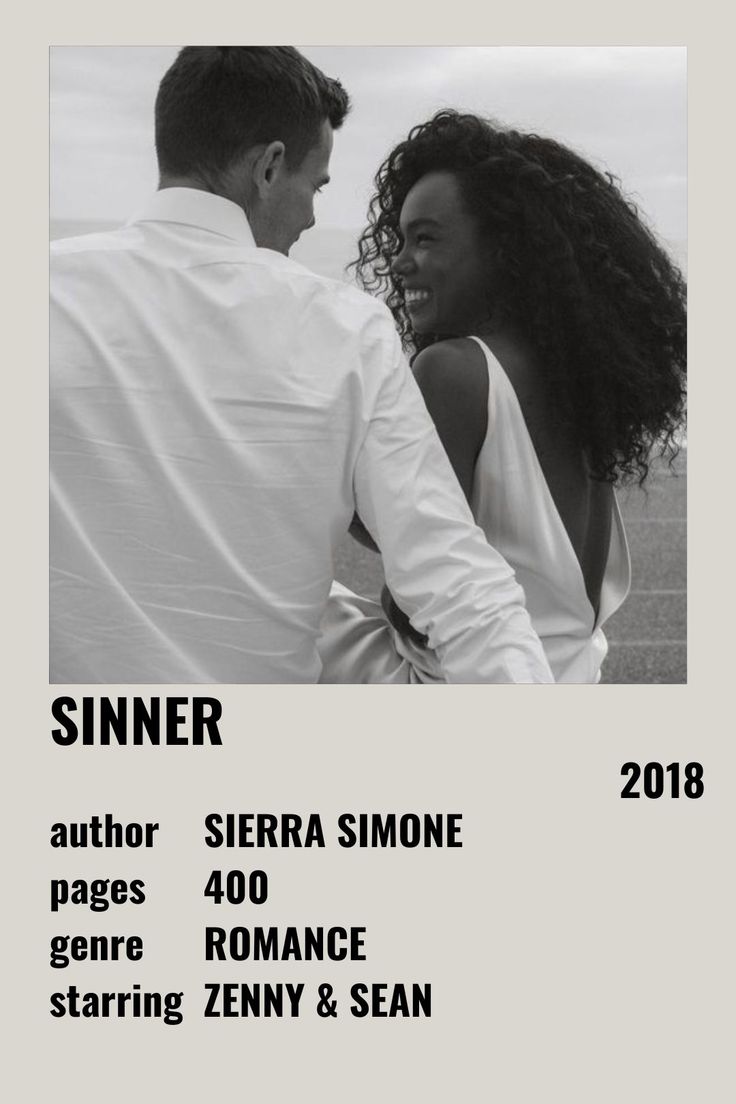 a man and woman sitting next to each other in front of a white background with the words sinner