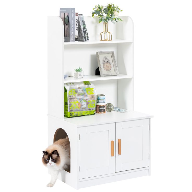 a white bookcase with a cat in it and a brown and white cat inside