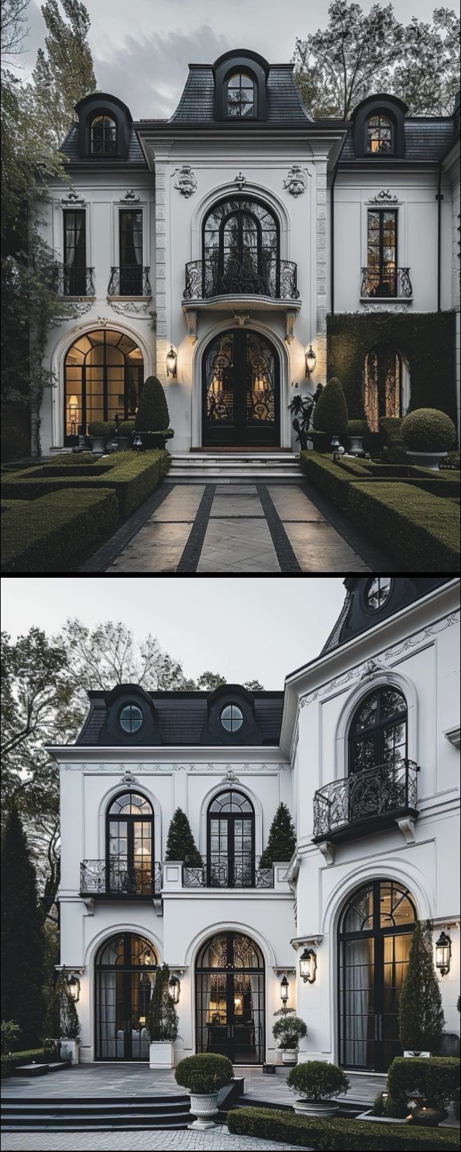 two pictures of the front and back of a large white house with lots of windows