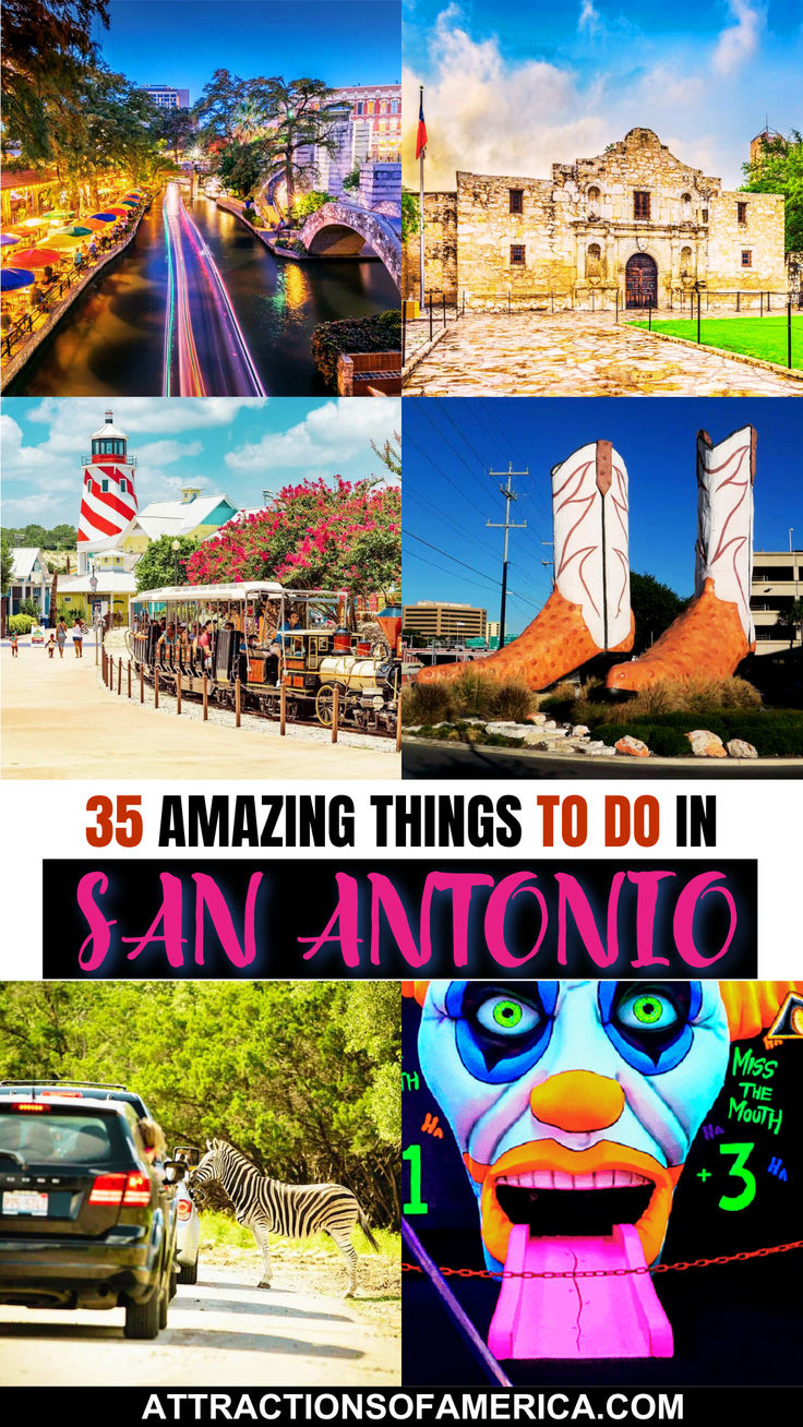 Images of San Antonio River Walk, The Alamo and few other famous attractions with text overlay reading 35 amazing things to do in San Antonio Dallas To San Antonio Road Trip, Six Flags San Antonio, Places To Visit In San Antonio Texas, Christmas In San Antonio Texas, San Antonio In December, Market Square San Antonio, San Antonio Family Vacation, San Antonio Bucket List, San Antonio Instagram Spots