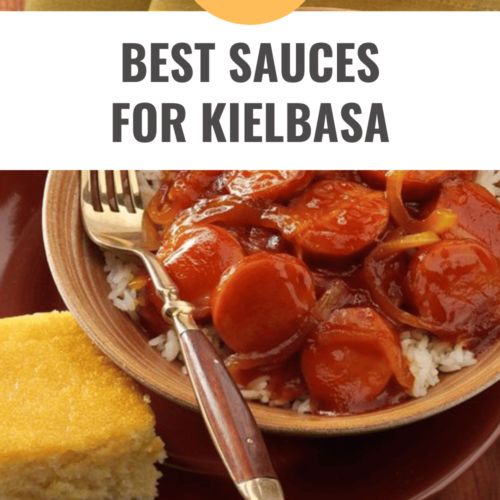 the best sauces for kielbasa are on this plate with rice and bread