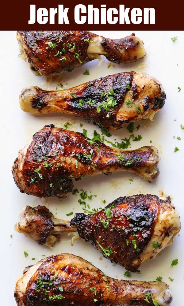 grilled chicken on a white platter with parsley garnish and text overlay