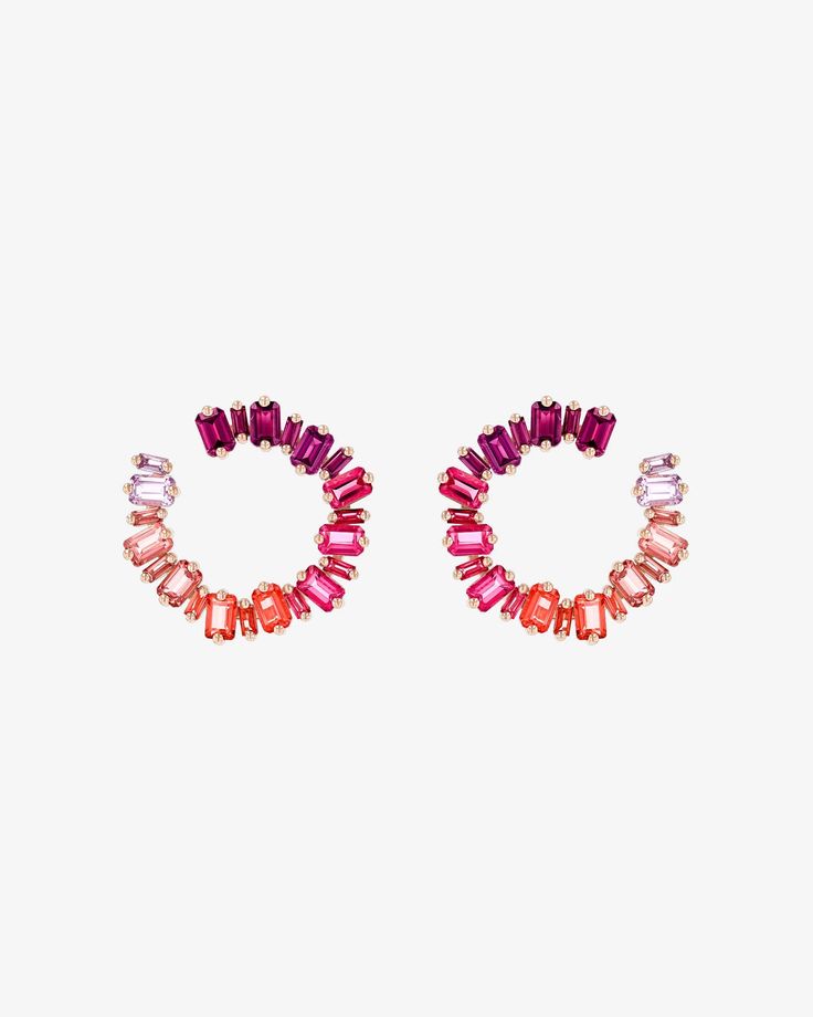 Kalan By Suzanne Kalan Ann Red Ombre Milli Sideways Hoops in 14k rose gold Red Ombre, Pink Topaz, Baguette Cut, Jewelry Companies, Girls Best Friend, Morganite, Emerald Cut, Semiprecious Stones, Baguette