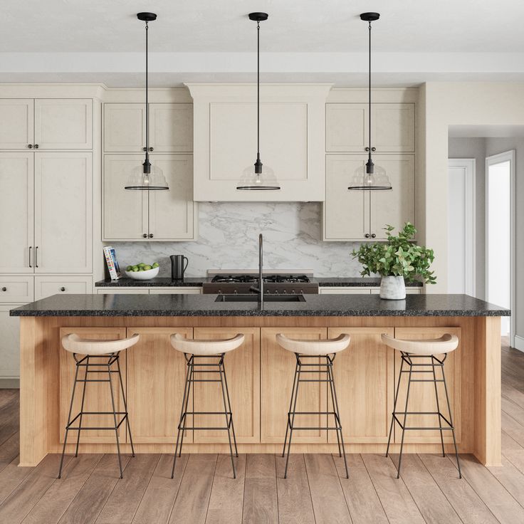 a kitchen with four stools and an island in front of the stove top oven