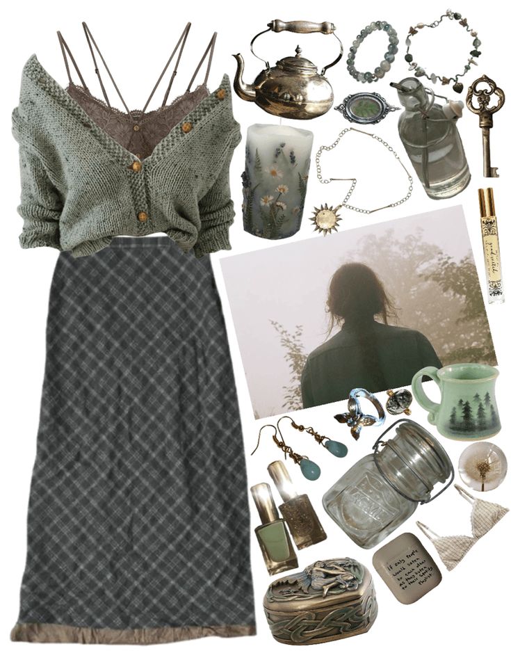 Cozy Vibes outfit ideas | #cozy #comfy #green #forest #cardigan #folklore #grunge #fairycore #darkcottagecore #goblincore #woods #witch #y2k #2000s #thrifting #vintage #earth #brown #nature #herbal #earrings Witch In The Woods Outfit, Dark Forest Core Outfit, Cozy Witchy Outfit, Fall Outfits Fairycore, Goblincore Feminine, Cozy Witch Aesthetic Outfits, Comfy Witch Outfits, Witchy Cottage Core Outfits, Forest Style Clothes