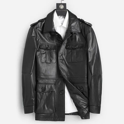 100% Cowhide Genuine Leather Men Motorcycle Trendy Hunting Street Jacket  -  GeraldBlack.com Luxury Leather Jacket With Lapel Collar For Fall, Luxury Leather Jacket With Pockets, Masculine Black Leather Jacket For Work, Luxury Black Leather Jacket With Flap Pockets, Luxury Black Outerwear With Flap Pockets, Luxury Leather Biker Jacket With Pockets, Luxury Leather Jacket With Flap Pockets, Black Leather Outerwear, Classic Black Outerwear With Flap Pockets