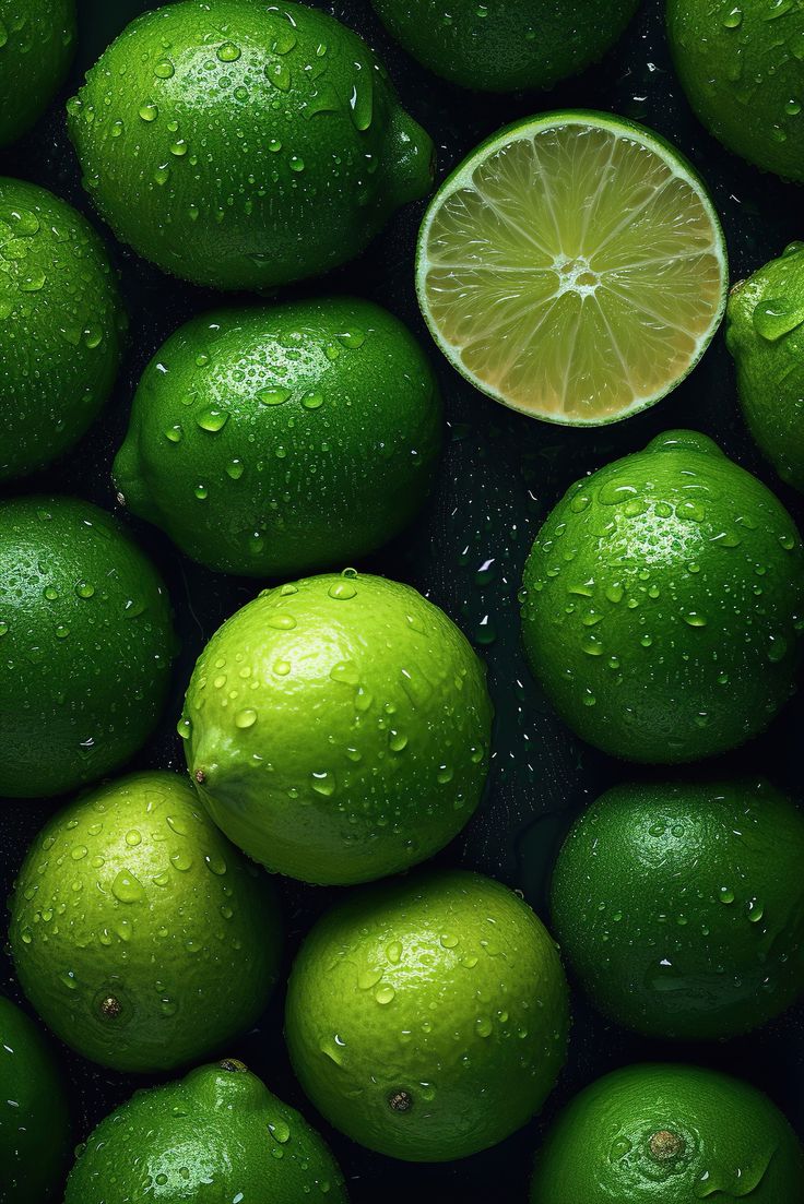 limes with water drops on them and a lemon cut in half