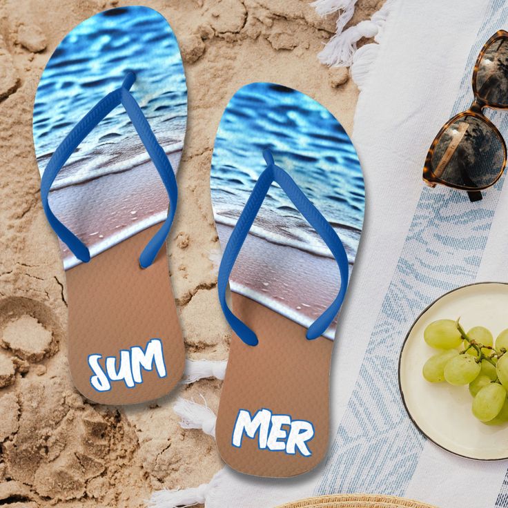 Cool summer flip flops with beach sand and ocean waves.  Great outfit accessory for an island vacation or a summer pool party. Casual Flip Flops For Summer Swimming, Casual Beach Flip Flops With Open Toe, Casual Blue Flip Flops For The Beach, Beach Season Open Toe Sandals, Casual Blue Flip Flops For Summer, Beachy Open Toe Sandals For Beach Season, Adjustable Trendy Flip Flops For The Beach, Trendy Open Toe Flip Flops For Swimming, Blue Flip Flops For Beach Season