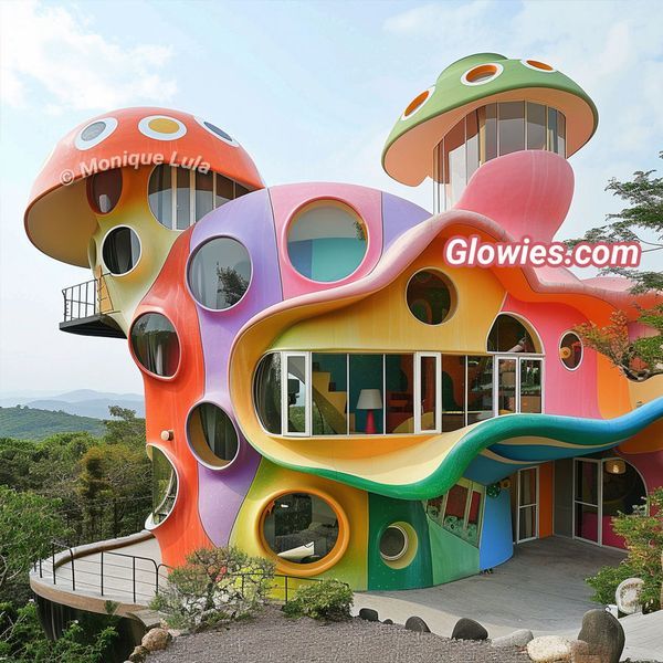 an unusual house with multiple colored walls and windows in the shape of mushroom like houses