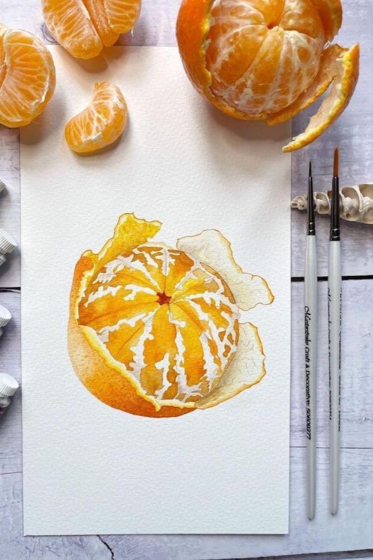 an orange cut in half sitting on top of a piece of paper next to some paintbrushes