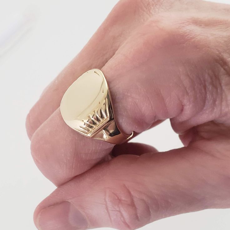 "Character and refinement! This antique 10K gold signet ring has very worn ornamentation, yet has a lot of life left to it. And what a good life that can be, with its large, recently re-polished surface ready for your engraving. Enjoy the charm of a neat old ring made by the historic Otsby & Barton Company, and make it your own! Vintage: 1910s Size: 9 1/2 on the tight side Materials: 10K Yellow Gold Marked: OB 10K (Otsby and Barton Co., since 1879) Width North to South: 5/8\" Width East to W Antique Gold Signet Ring Collectible, Classic Hallmarked Signet Ring For Collectors, Classic Hallmarked Signet Ring Collectible, Classic Gold Initial Ring Collectible, Hallmarked Yellow Gold Engraved Collectible Ring, Timeless Hallmarked Signet Ring Collectible, Timeless Hallmarked Signet Ring For Collectors, 14k Gold Engraved Signet Ring Collectible, Gold Signet Ring With Hallmarks For Formal Occasions