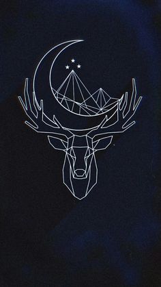 a deer's head with the moon and stars above it