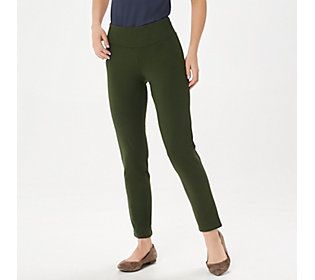 Show off a smooth silhouette for spring with these slim-leg Women with Control(R) pants. The versatile ankle length pairs perfectly with everything from boots to sandals so you can easily transition from season to season. And of course, you get comfortable smoothing thanks to the ever-popular Women with Control fabric blend.  They'll give your confidence a boost! The slim-leg silhouette looks great on every shape and size. Fab finishing touches such as a doubled-layered waistband with seam detai Casual 4-way Stretch Ankle-length Leggings, Spring 4-way Stretch Ankle-length Pants, Green 4-way Stretch Pants For Spring, Spring Green 4-way Stretch Pants, Spring Comfort Stretch Elastane Leggings, Comfortable Solid Pants For Spring, Comfortable Ankle-length Pants For Spring, Spring Stretch Pull-on Leggings, Spring Stretch Pull-on Style Leggings