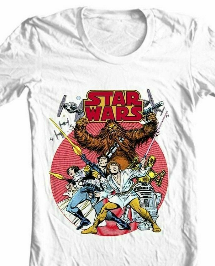 Star Wars retro design t-shirt original comic book 1970's cotton graphic tee Graphic Print Crew Neck T-shirt For Fan Conventions, Crew Neck T-shirt For Comic-con Streetwear, Graphic Tee With Screen Print For Fan Events, Graphic Tee For Fan Events With Screen Print, Graphic Tee Tops For Fan Events With Screen Print, Graphic Tee For Fan Events, Pop Culture Fan Merchandise T-shirt With Crew Neck, Graphic Tee Tops For Fan Events, Graphic Tee For Fan Conventions