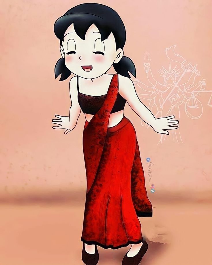 a cartoon girl in a red dress with her arms outstretched and eyes closed, smiling